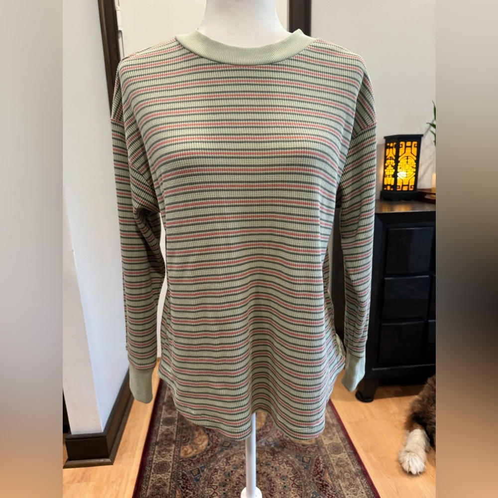 Striped Long-Sleeve Thermal Top in Sage Green